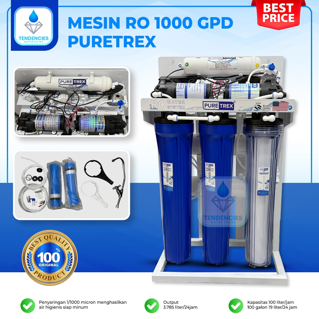 Mesin RO 1000 GPD Puretrex Reverse Osmosis Depot Air Minum Isi Ulang Kapasitas Besar