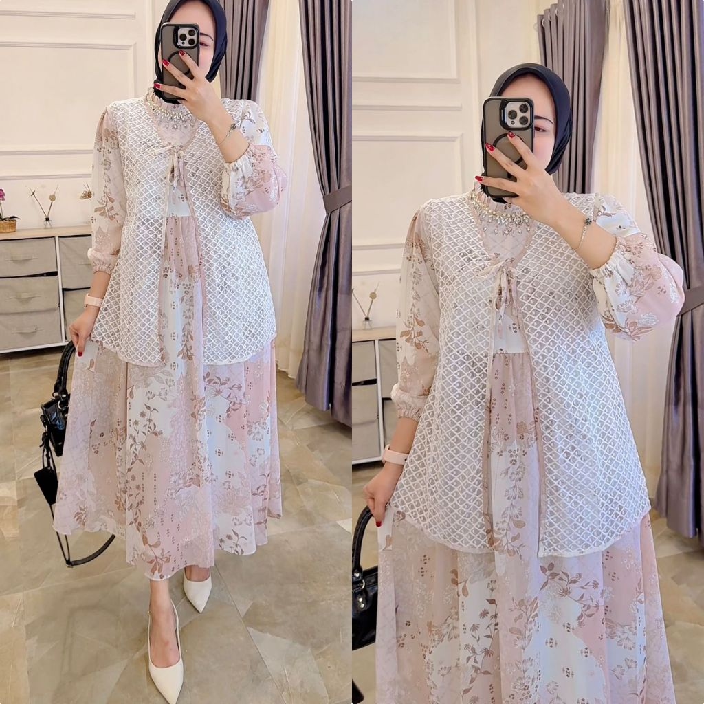 LIBUNCA  BOUTIQUE - Midi Dress Wanita Muslim Krah Shanghai Variasi Pernik Mutiara Non Busui. Bahan C