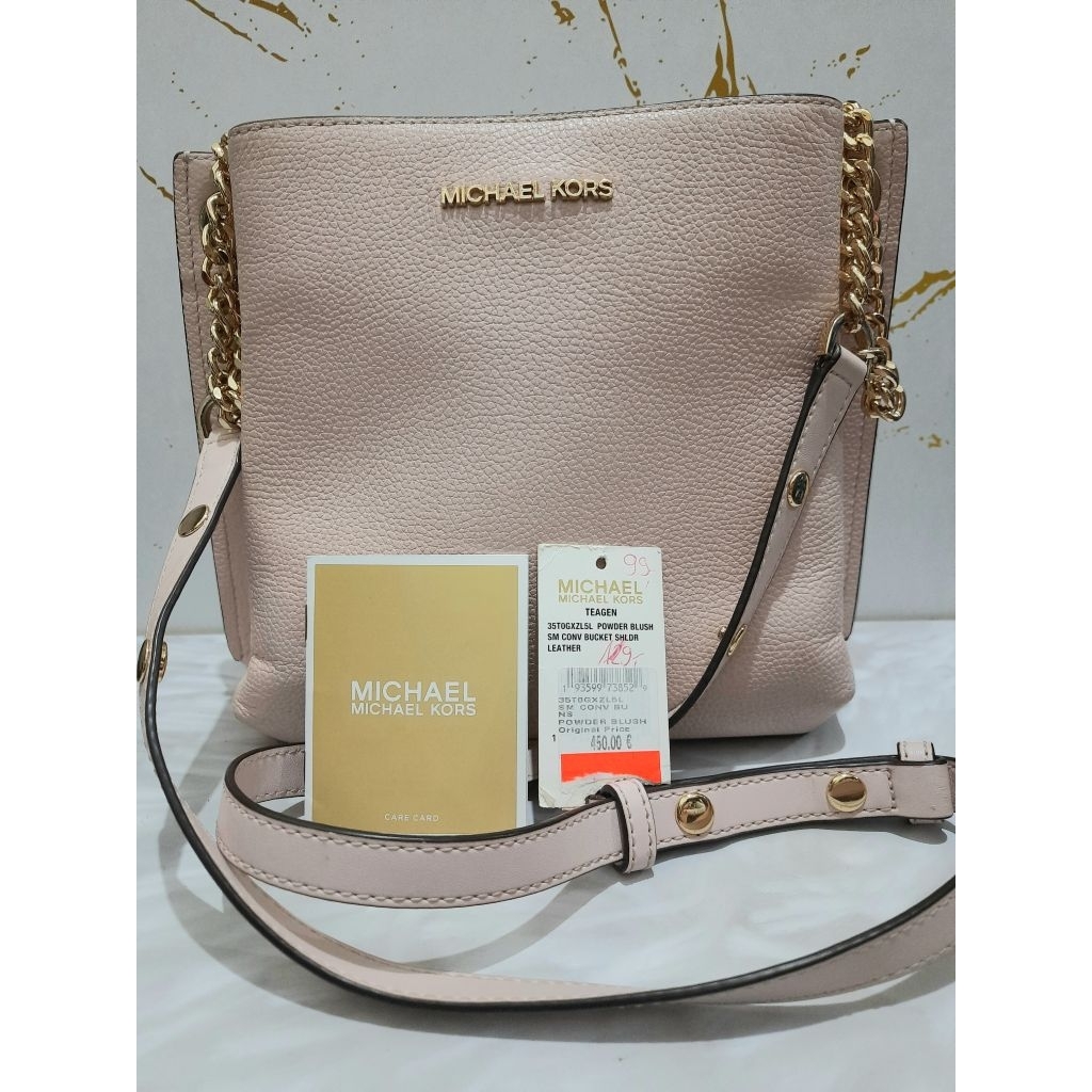 MK Teagen Small Convertible Bucket Shoulder Bag in Powder Blush Leather Preloved ( Detail silahkan c