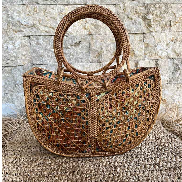 Tas Rotan Ate Bali Etnik Premium - Tas Anyaman Handmade Motif Batik - Tas Tangan Aesthetic Wanita