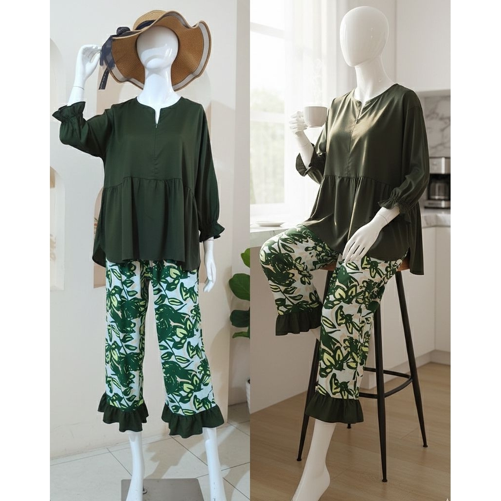 Set Piyama Babydoll Rayon Twill Premium Lengan 7/8 Celana Ruffle Busui Friendly - Piyama sesiku cela