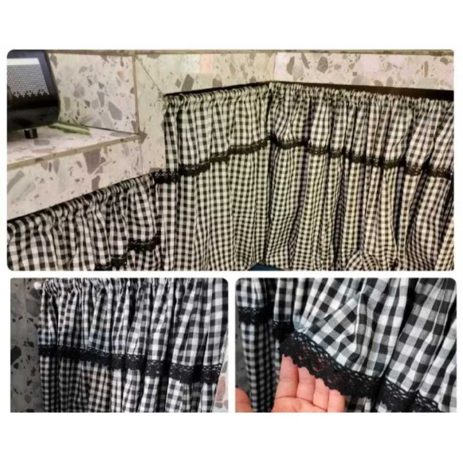 Terbru Tirai Gordeng Jendela/Pintu Motif Kotak-Kotak Kekinian Renda Hitam