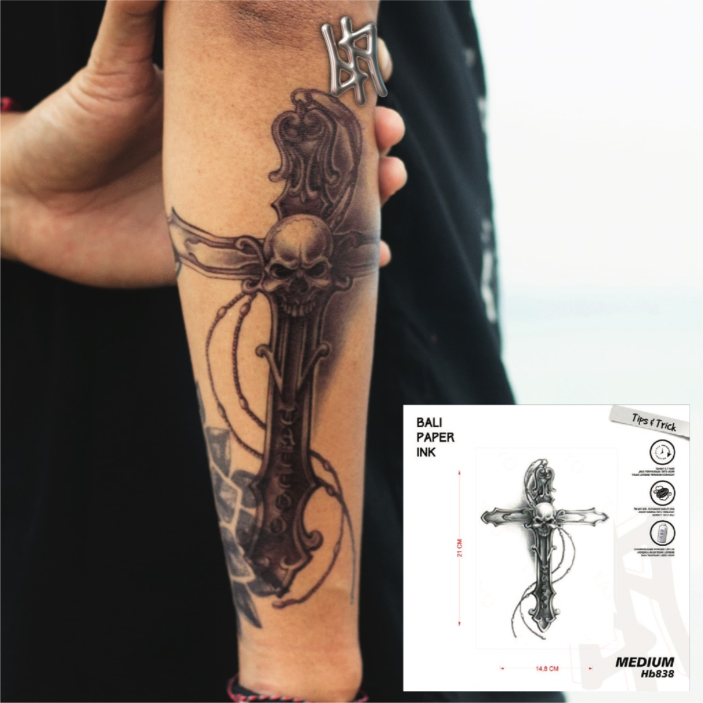 Tato Temporer Waterproof Tahan Air – Temporary Tattoo HB838 Salib Tengkorak | Bali Paper Ink