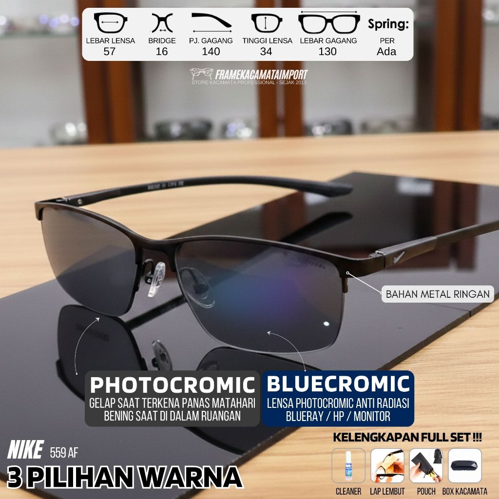 PAKET KACAMATA PHOTOCROMIC BLUECROMIC -0.25 s/d -6.00 Silinder 2 Frame Kacamata Sporty Pria Aluminiu