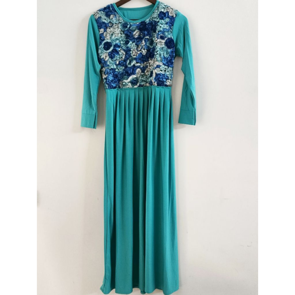 PRELOVED Dress Polos Modern Warna Hijau Biru Baju Wisuda Gamis Kondangan Pernikahan Mewah