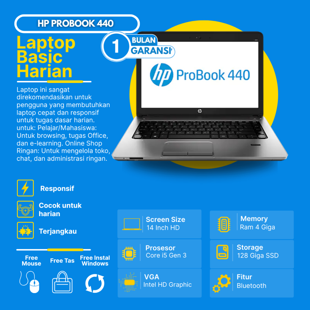 Laptop HP Probook 440 G1 Core i5 Gen3 4GB 128GB 14Inch HD