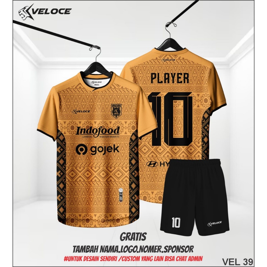 VELOCE Jersey Futsal Drifit Premium Gratis Nama Nomer Anak S-3XL Emas Hitam