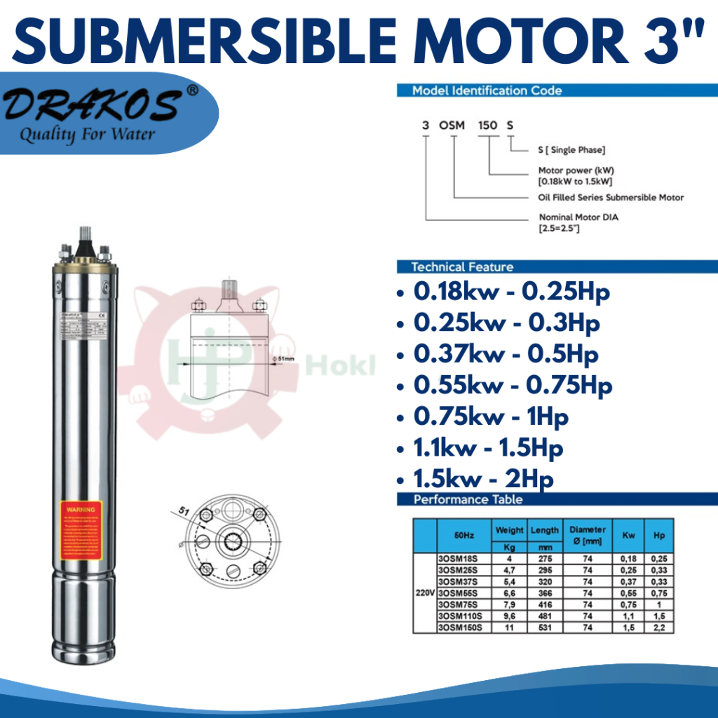 DRAKOS Submersible Motor 3" Motor Pompa Submersible Pump 3" 0.25 Hp - 2 Hp 220V Drakos