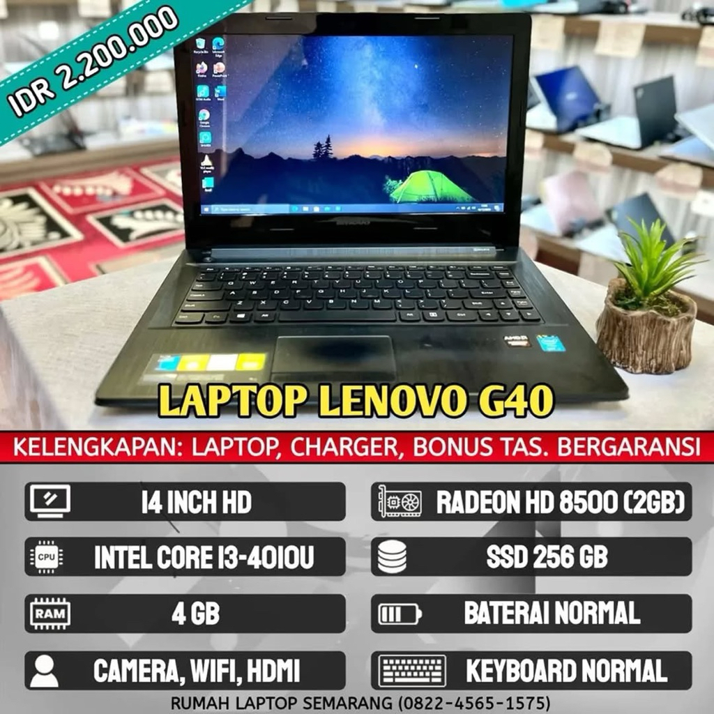 Laptop Lenovo G40 (second). Intel Core i3-4010U. RAM 4 GB. SSD 256 GB. VGA Radeon HD 8500 (2GB)
