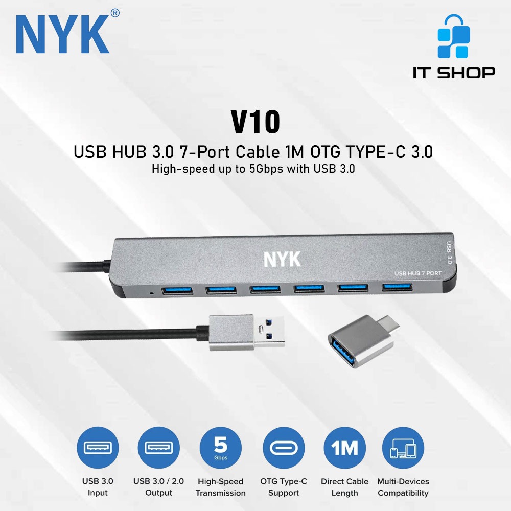 NYK V10 USB HUB 3.0 7-Port Cable 1M OTG Type-C 3.0