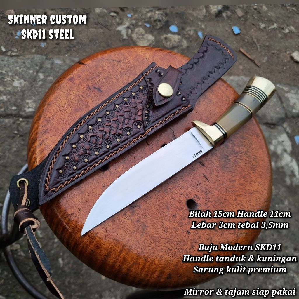 Pisau Skinner Custom Handle Tanduk Ornamen Kuningan - High Quality Tool SKD11