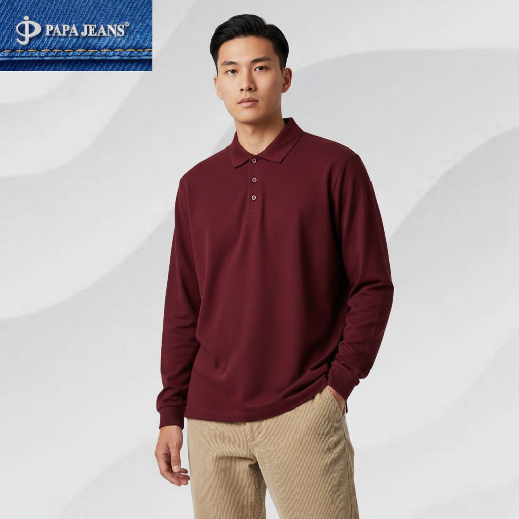 Papa Jeans Kaos Kerah Polo Shirt Lengan Panjang Maron
