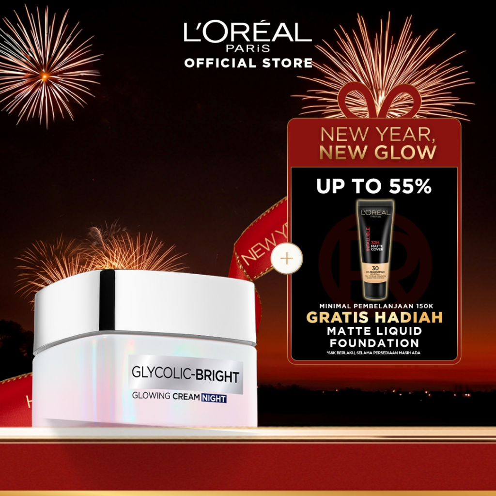 L'Oreal Paris Glycolic Bright Glowing Night Cream - 15/30ml (Skin Brightening Krim Malam  Pelembab L