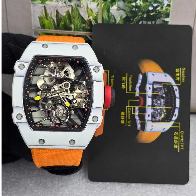 Jam Tangan Luxury RM 27-02 Swiss Automatic Tourbilon 41mm Orange Dial Black