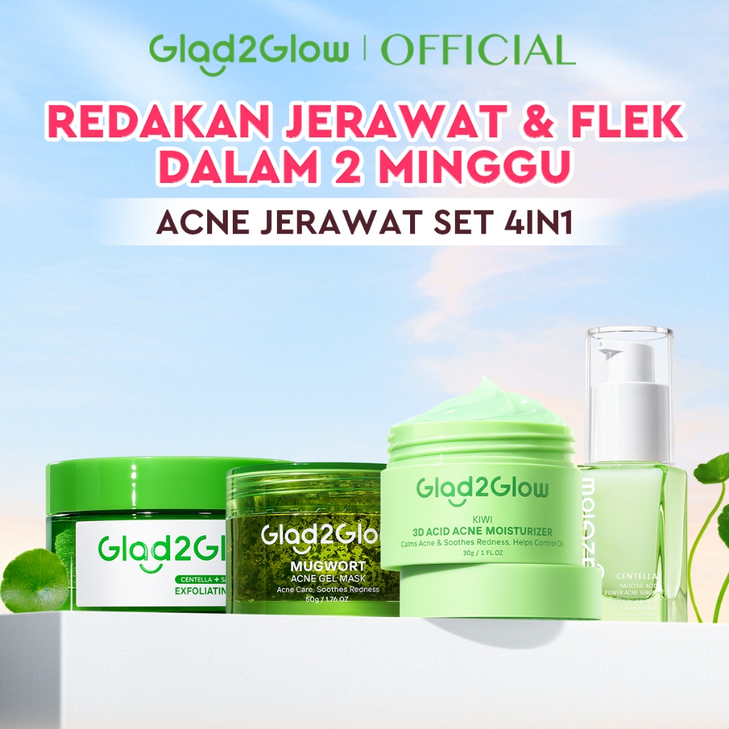 Glad2Glow Acne Jerawat Bundle 4pcs paket Centella madeca cream-Moisturizer+Serum+Cleanser+Toner Skin