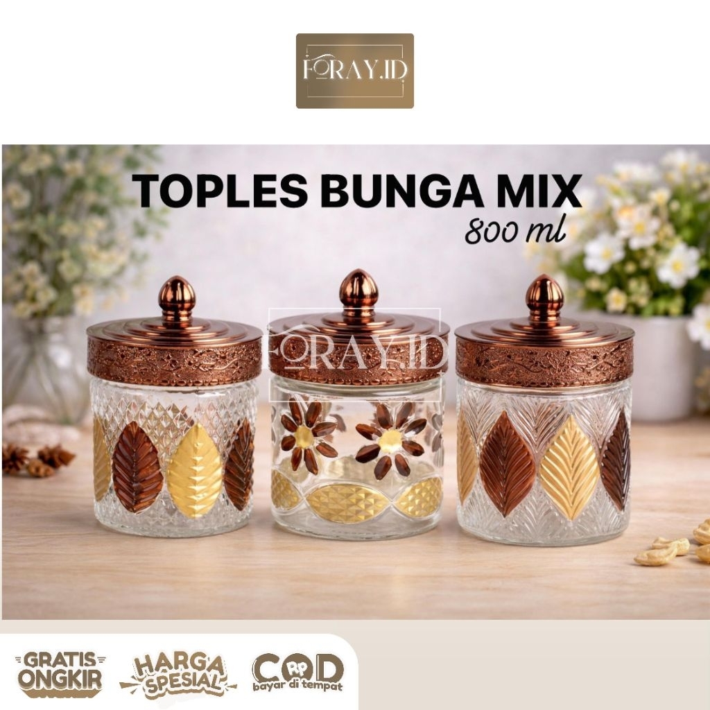 Toples kaca bunga 800ml |toples kaca kue kering |toples kaca Snack|toples kaca serbaguna |toples kac