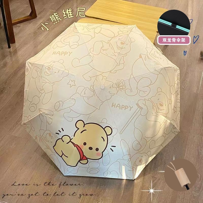 Payung Lipat Manual Aesthetic Gagang Kayu Kokoh Tebal / Payung Karakter Shinchan Winnie The Pooh Ast