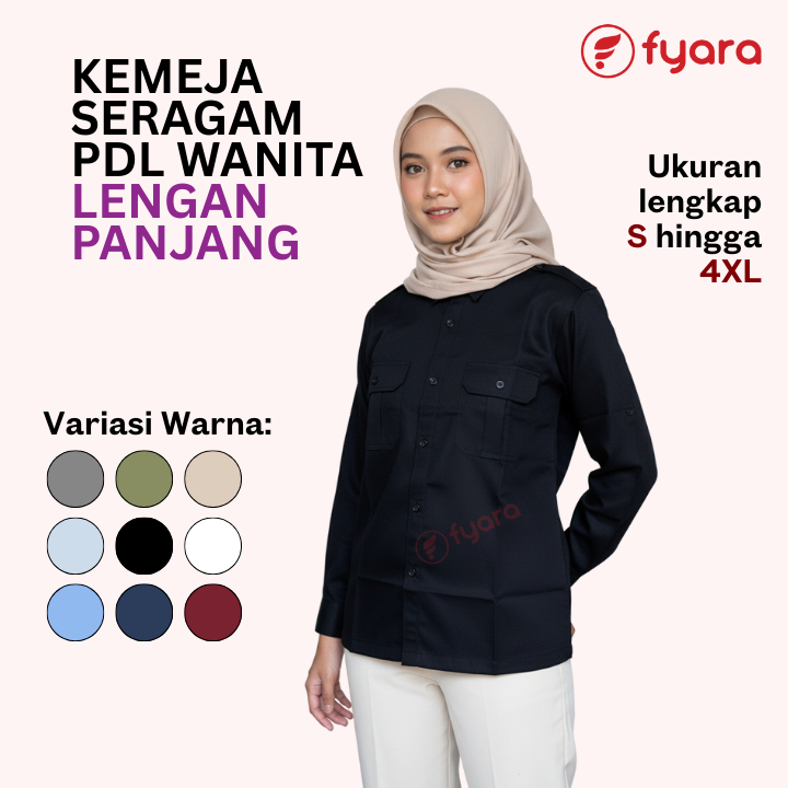 Baju Kemeja PDL Lengan Panjang Wanita Seragam Kerja Kantor Perempuan Hitam Putih Biru Abu