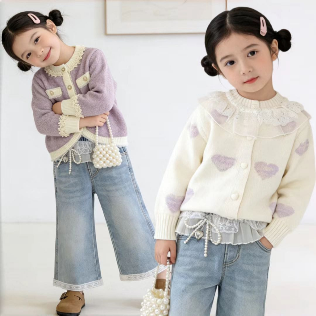 Setelan Cardigan Anak Perempuan Motif Love Rajut Halus Baju Anak Cewek Korea Lucu & Elegant Setelan 