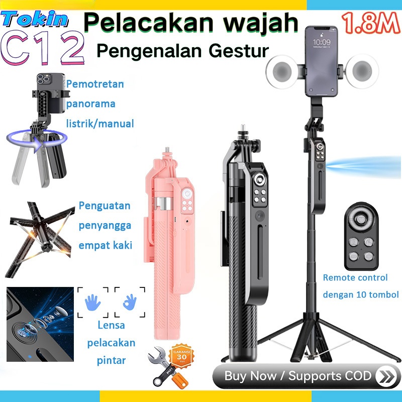 TOOREA C12 Tripod Selfie Stick Pelacakan Wajah Otomatis Tripod Pelacakan Wajah Otomatis Tripod hp to