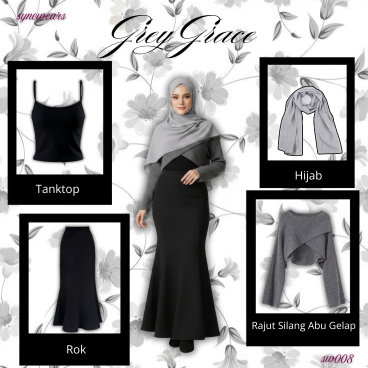 One Set 4in1 OOTD Wanita Hijab Kekinian | Hijab + Rajut Silang + Tanktop + Rok | Grey Grace - SW008