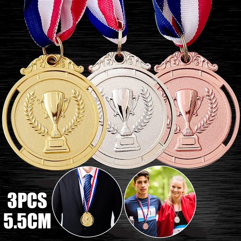 Isi 3pcs Medali Emas Perak Perunggu Medali Kejuaraan Medali Logam Medalion Mendali Penghargaan grosi