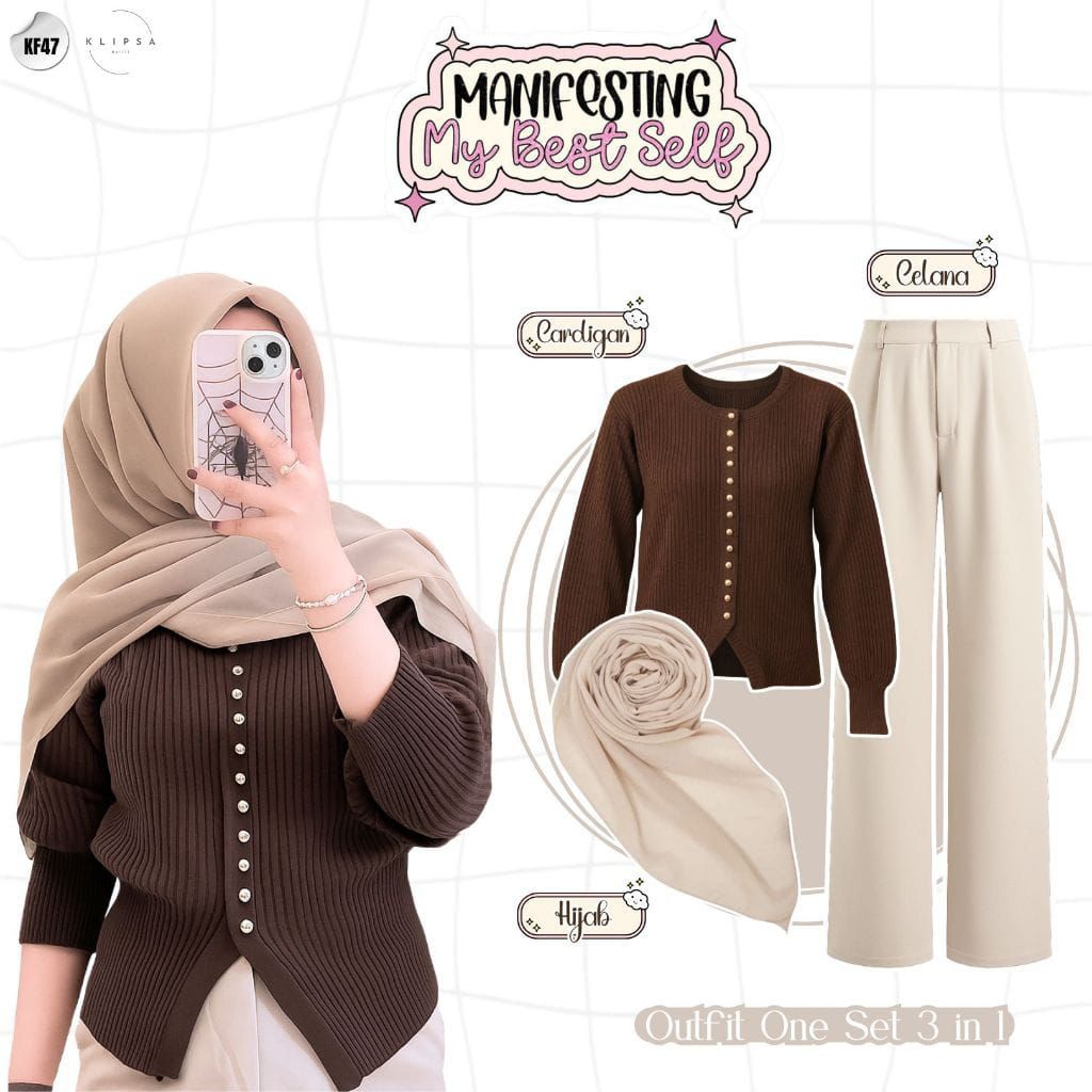One Set Wanita / Cardigan Rajut + Ivory + Hijab Bella / Setelan Wanita / Setelan Wanita Kekinian / O
