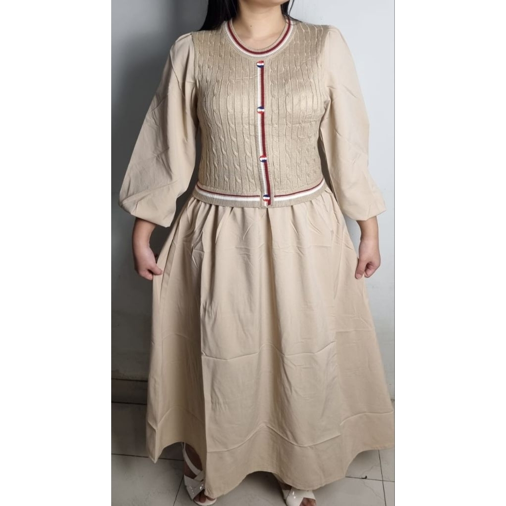 Maxi Dress/Gamis Rajut + Crinkle Airflow Lengan Balon Korean Kancing #601