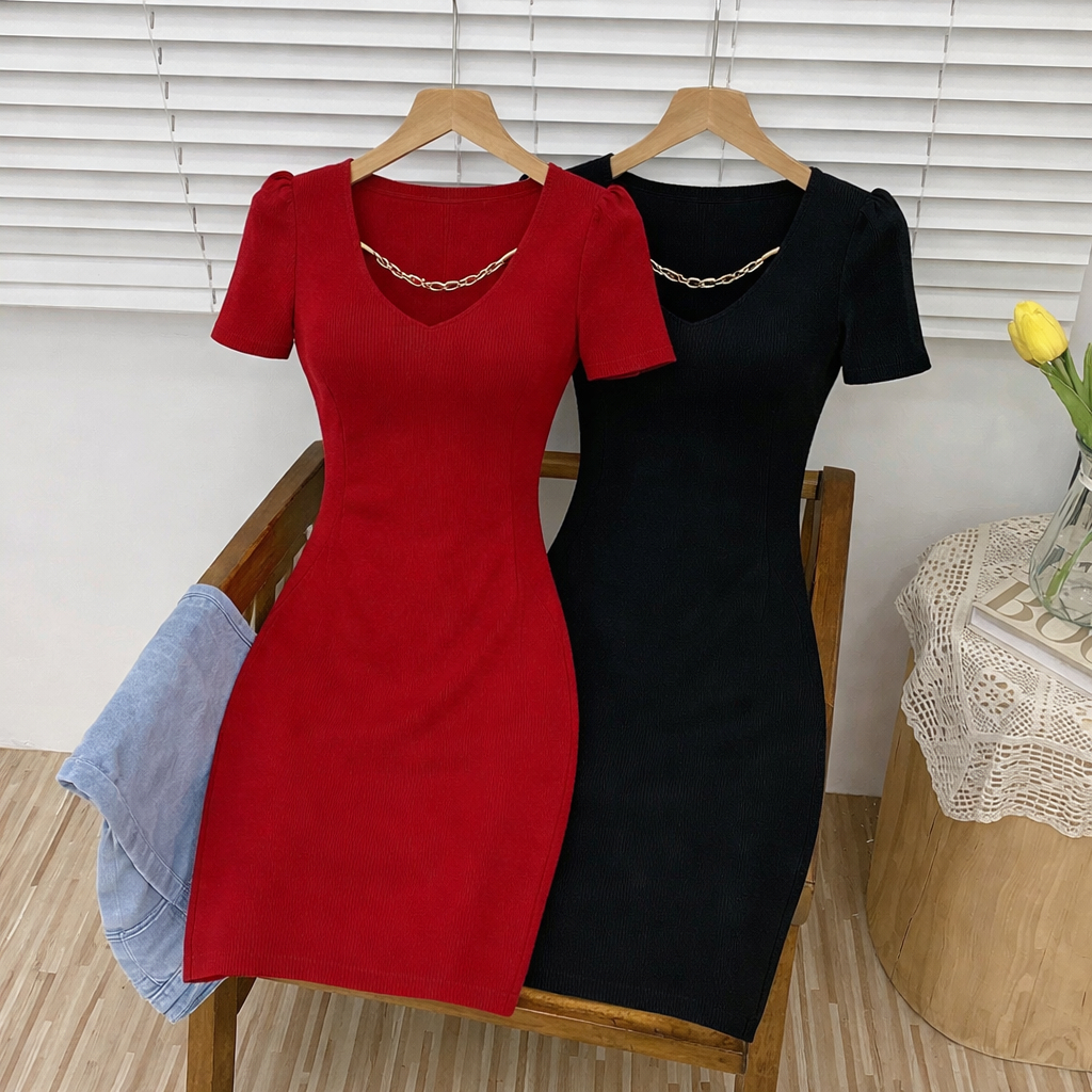 [Hallyu] Dress Bodycon Rajut Kalung Variasi Terbaru | Long Dress Casual Bodycon Rajut Wanita | Dress