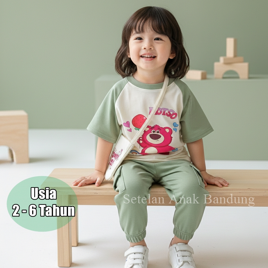 Setelan Anak - One Set Lotso Cargo Perempuan Premium Tebal Lembut Free Tas 1-6 Tahun