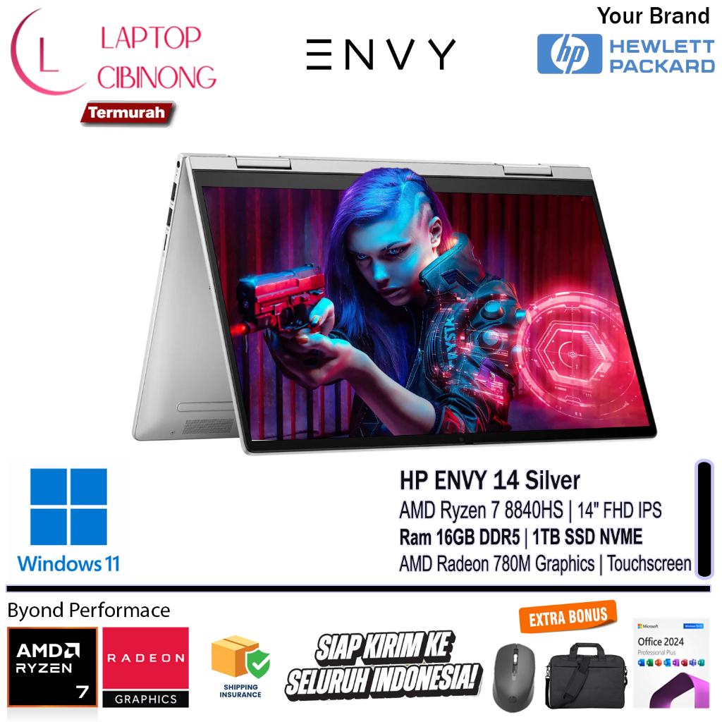 Hp envy X360 16 AMD Ryzen 7 8840HS WUXGA Touchscreen IPS Windows 11 Office 2024 Silver