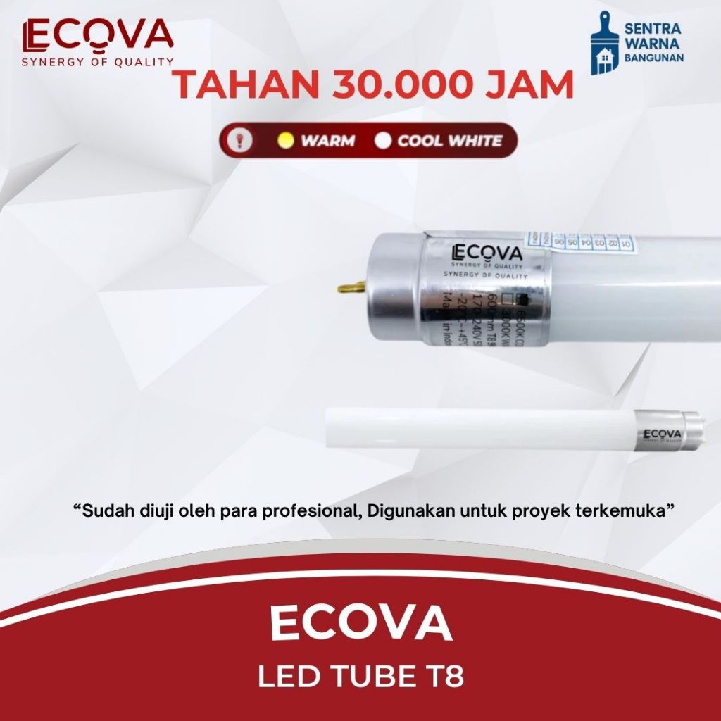 ECOVA -LAMPU T8 LED 40 WATT 120 CM (HANYA LAMPU)BODY FITTING ALUMUNIUM 6500K Putih