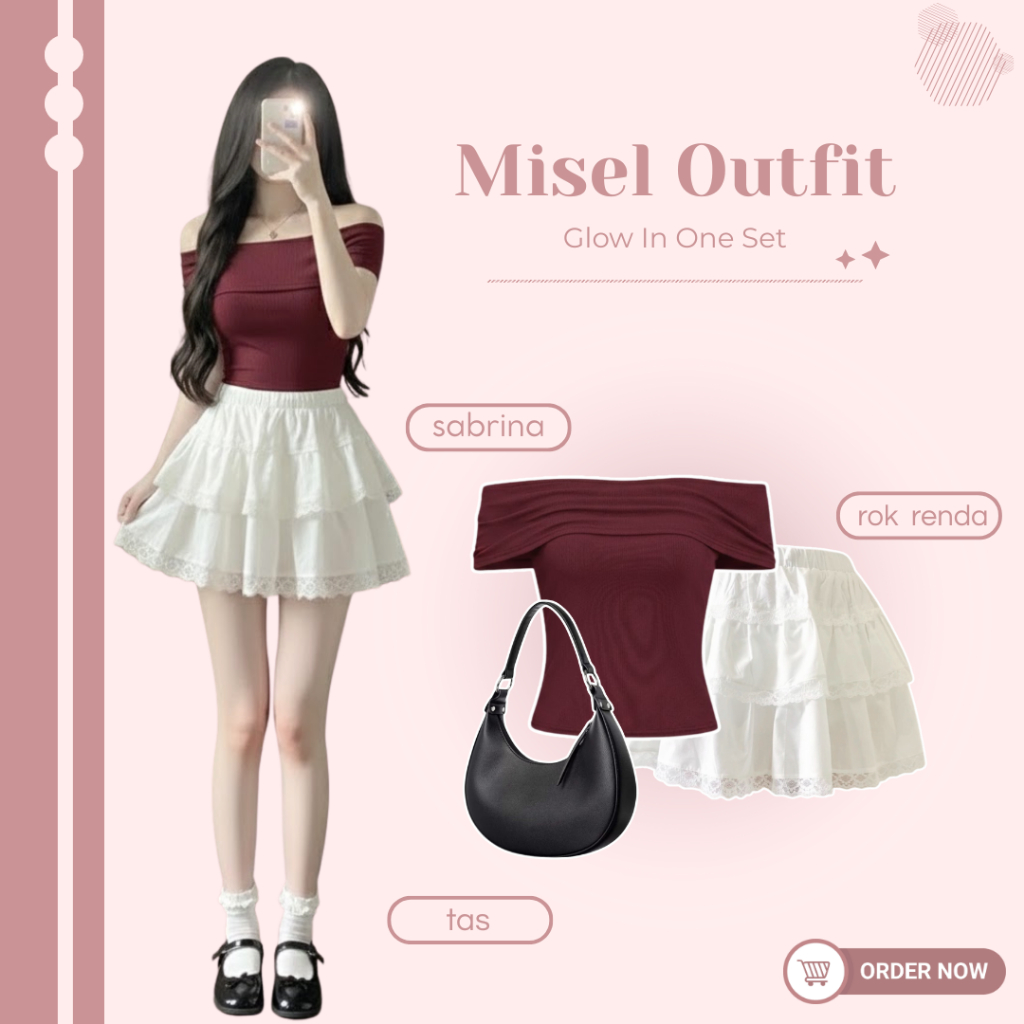 Setelan OOTD Kekinian | Sabrina + Rok Renda + Shoulder Bag | Set OOTD Korea Style | Misel Outfit Set