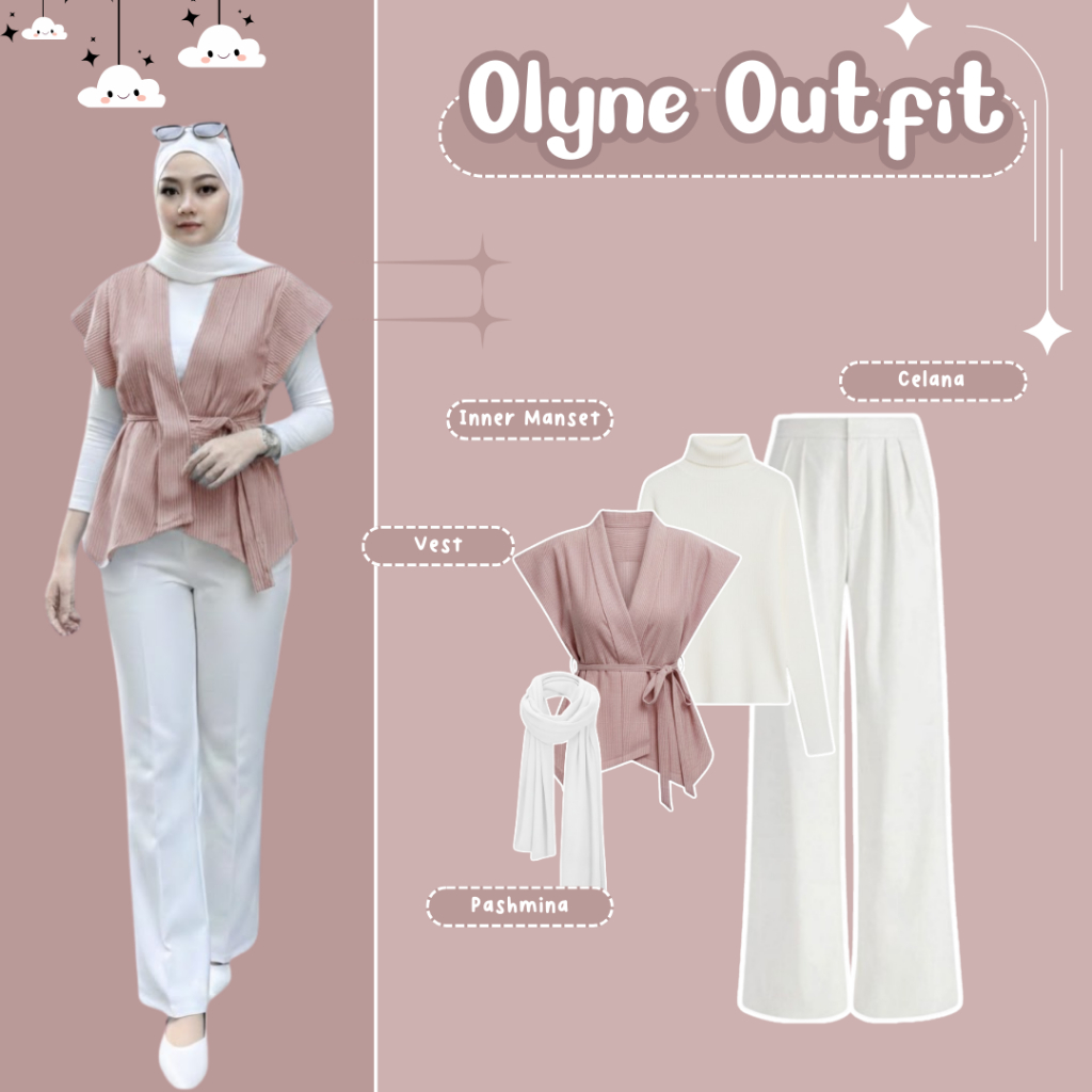 Setelan OOTD Kekinian | Vest + Inner Manset + Celana + Pashmna | OOTD Korea Style | Olyne Outfit Set