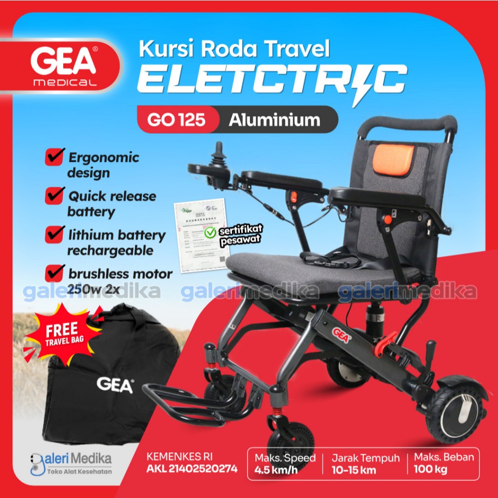 Kursi Roda Travel Elektrik GEA GO-125 Electra PORTABLE + Handle Roda Anti BOCOR