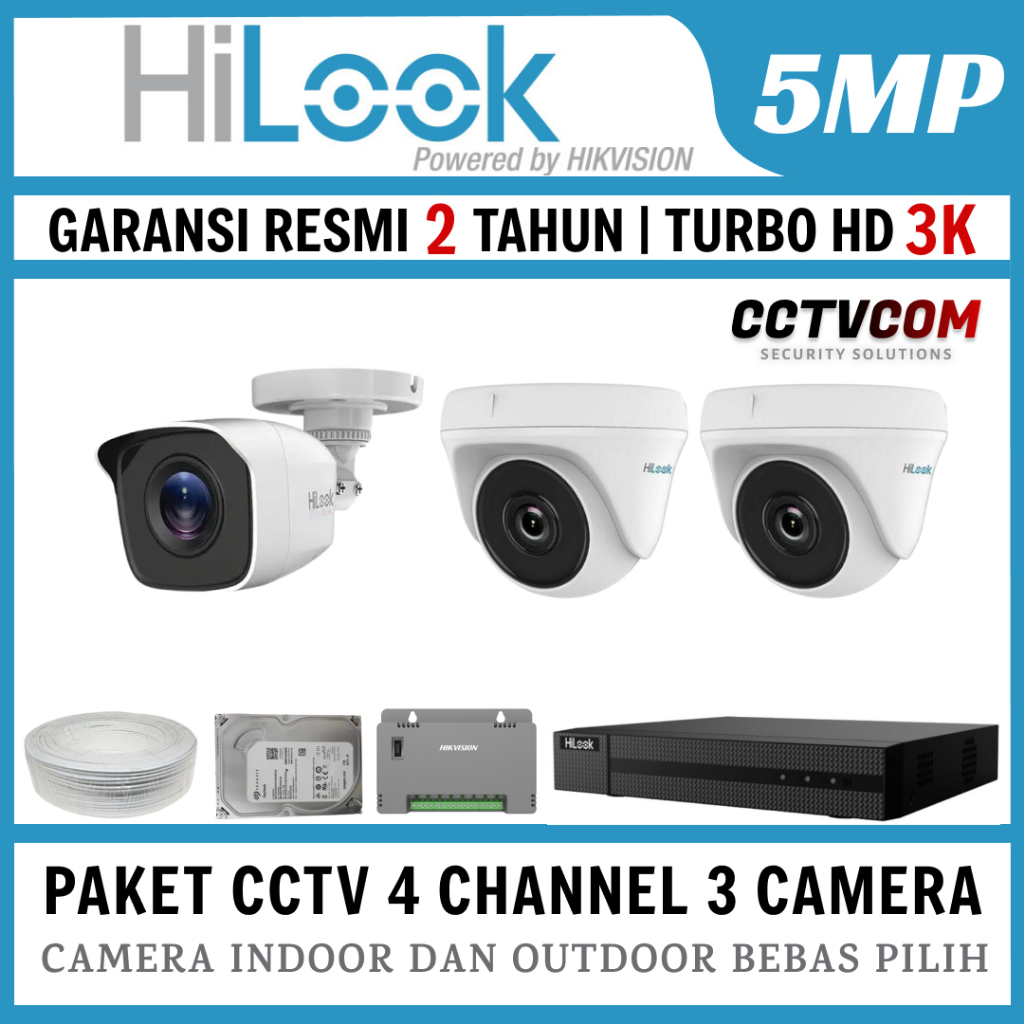 PAKET CCTV HILOOK 5MP 4 CHANNEL 3 CAMERA TURBO HD KAMERA CCTV