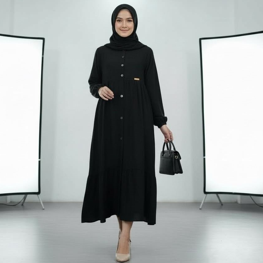 Midi Dress Full Kancing Depan Lengan Panjang Busui Bumil Gamis Rempel Kancing