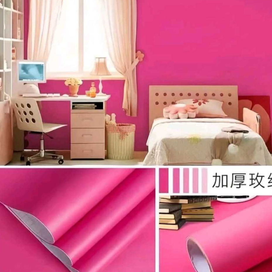 Wallpaper Dinding Sticker Motip Polos Warna Pink Tua 10mx45cm Anti Air Mudah Dipasang