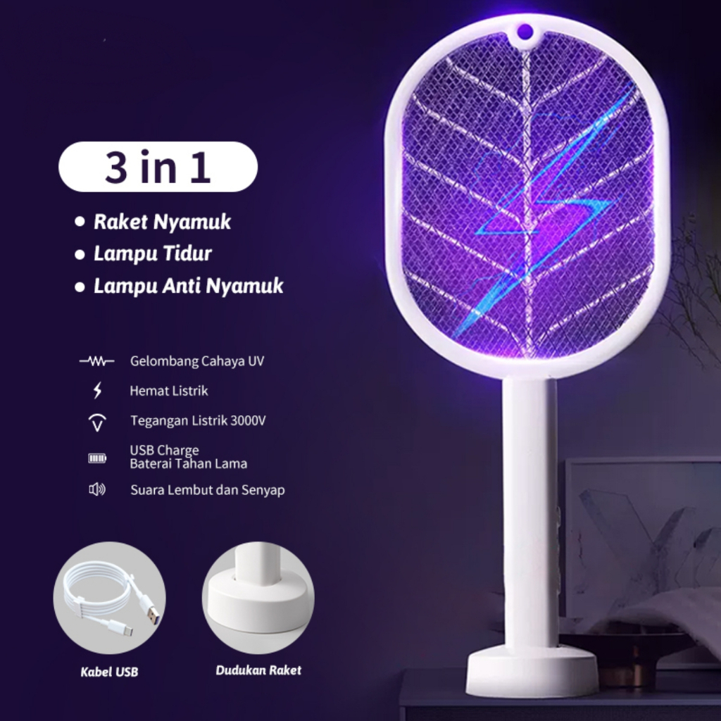 Raket Nyamuk Elektrik Cas Ori Tahan Lama Murah Awet Charger Usb 2 in1 Raket Nyamuk listrik Standing
