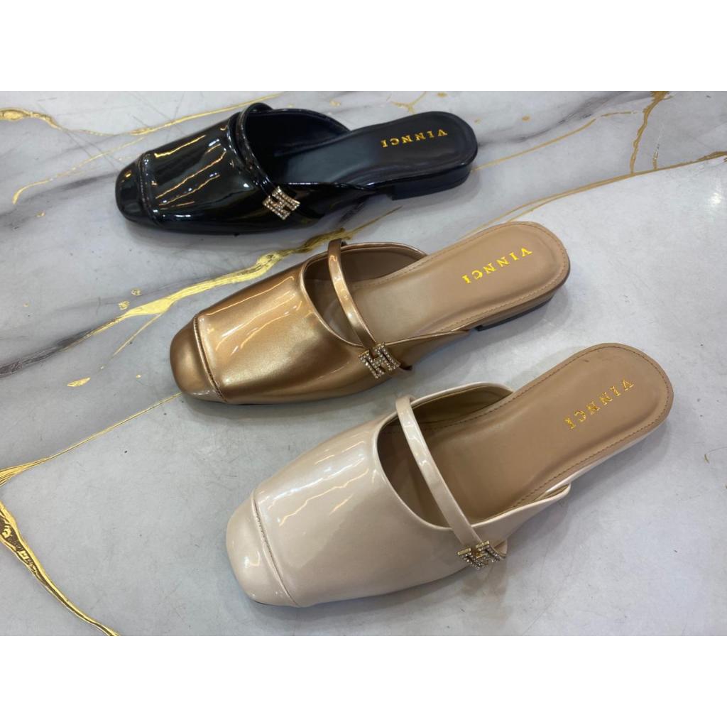 KDS | VNC Flat Soes Brand Lokal Wanita Glassy Mules Glossy Wanita Sepatu Selop Mewah Aksesoris H Dia