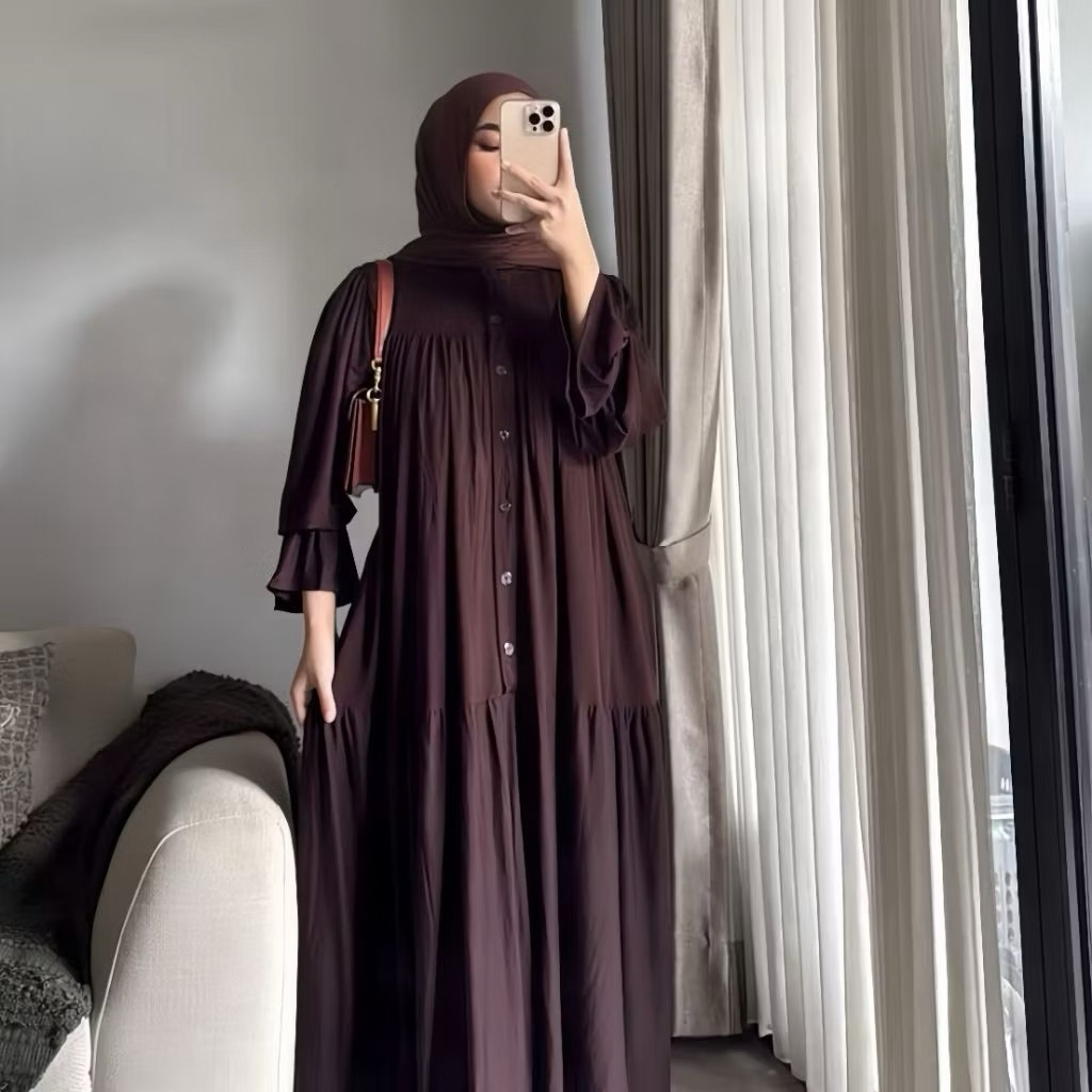 Gamis Amanda Rayon Twill Polos Gamis Lengan Balon LD 120 Gamis Busui Jumbo Terbaru 2026