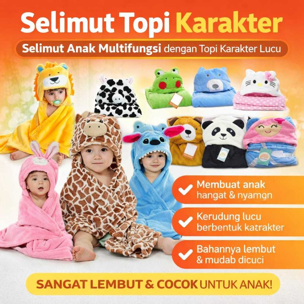 Selimut Bayi Topi Boneka 3D / Selimut Bayi Karakter Fleece