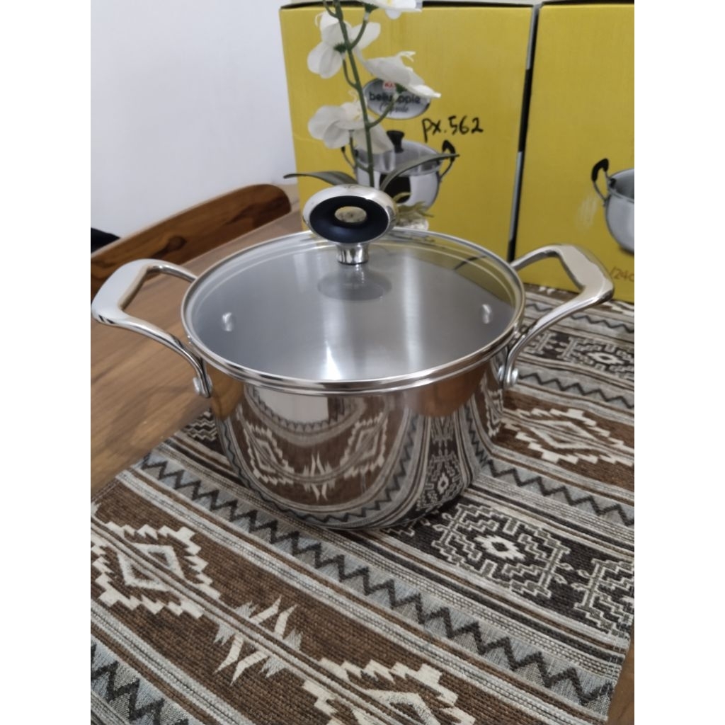 panci uk 20 cm + tutup kaca brand Tivoli sus 316 tebal double buttom
