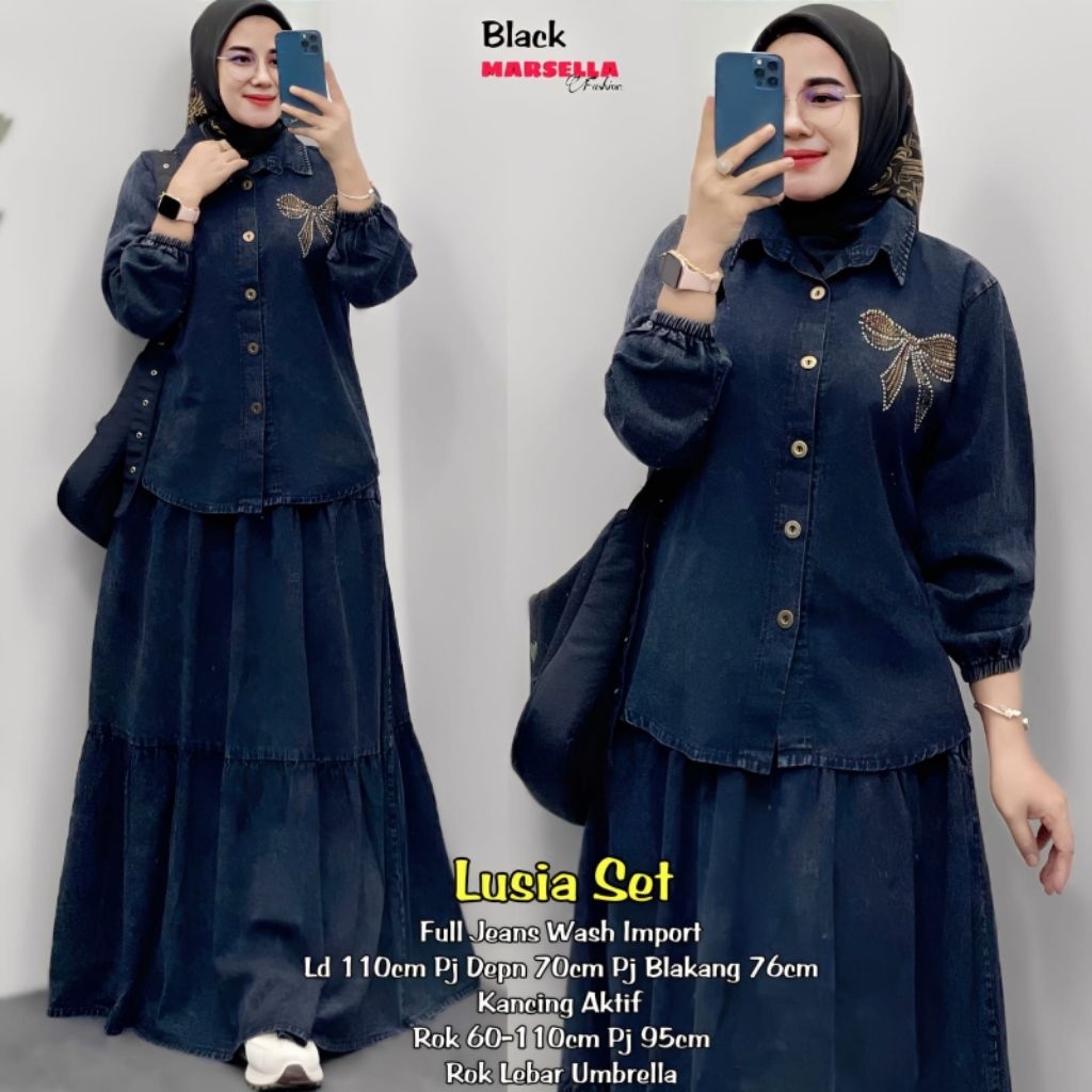 Marsella -Lusia Setelan Rok Wanita Full JeansWash Import -Kancing Aktif