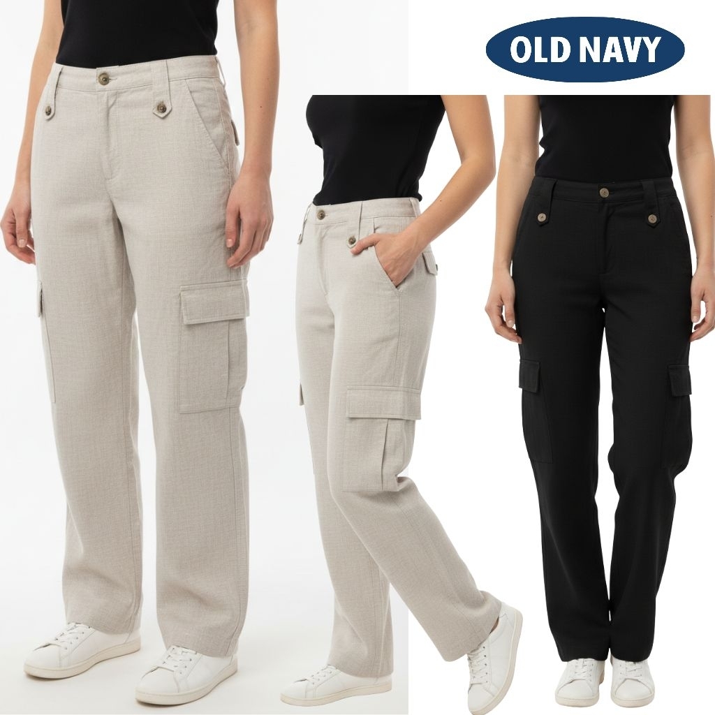 Old navy Celana Panjang Cargo Wanita Motif Garis & Leopard Bahan Linen Premium Celana Kerja Casual H
