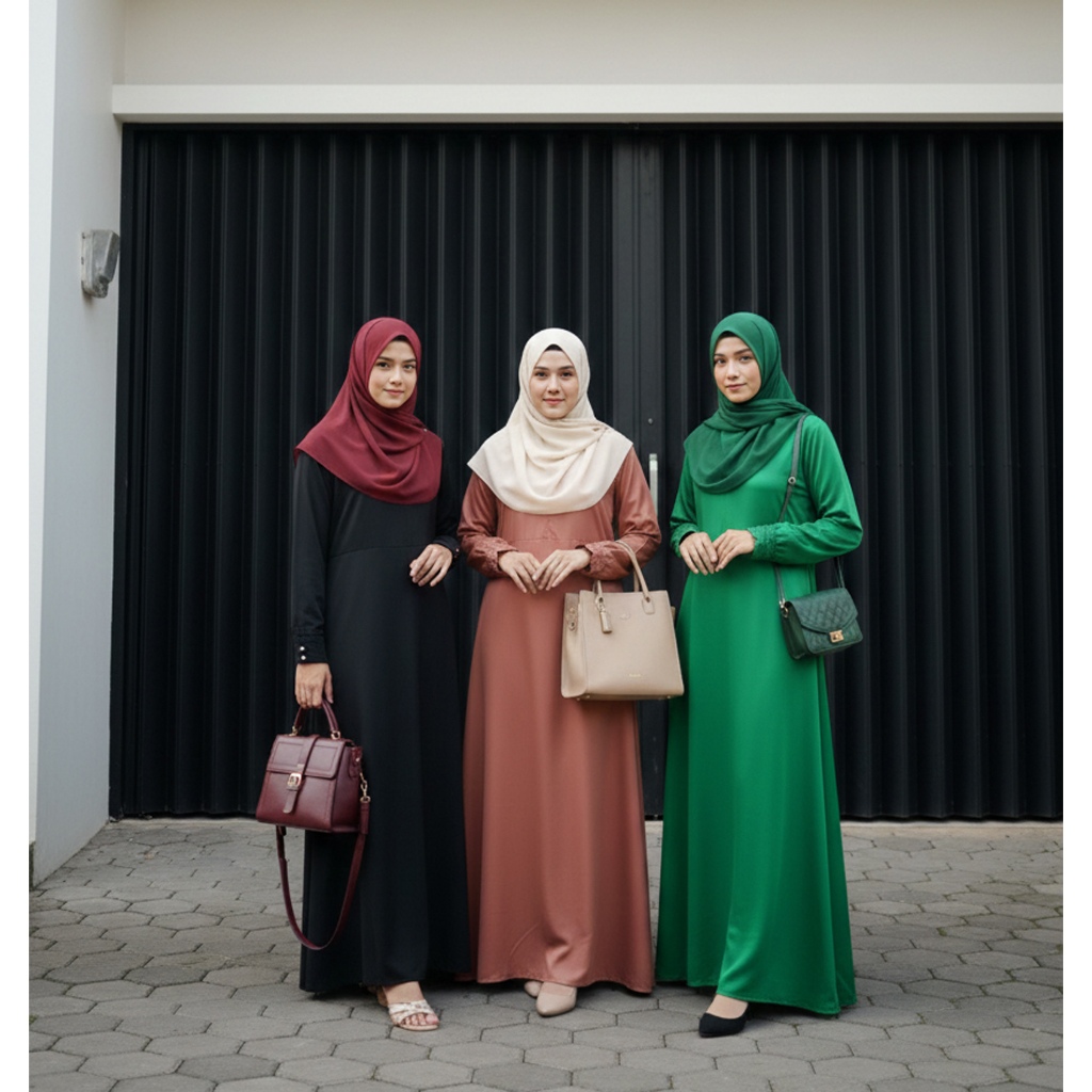Gamis Katun Lembut Aderm Hijau-Coklat Susu-Hitam