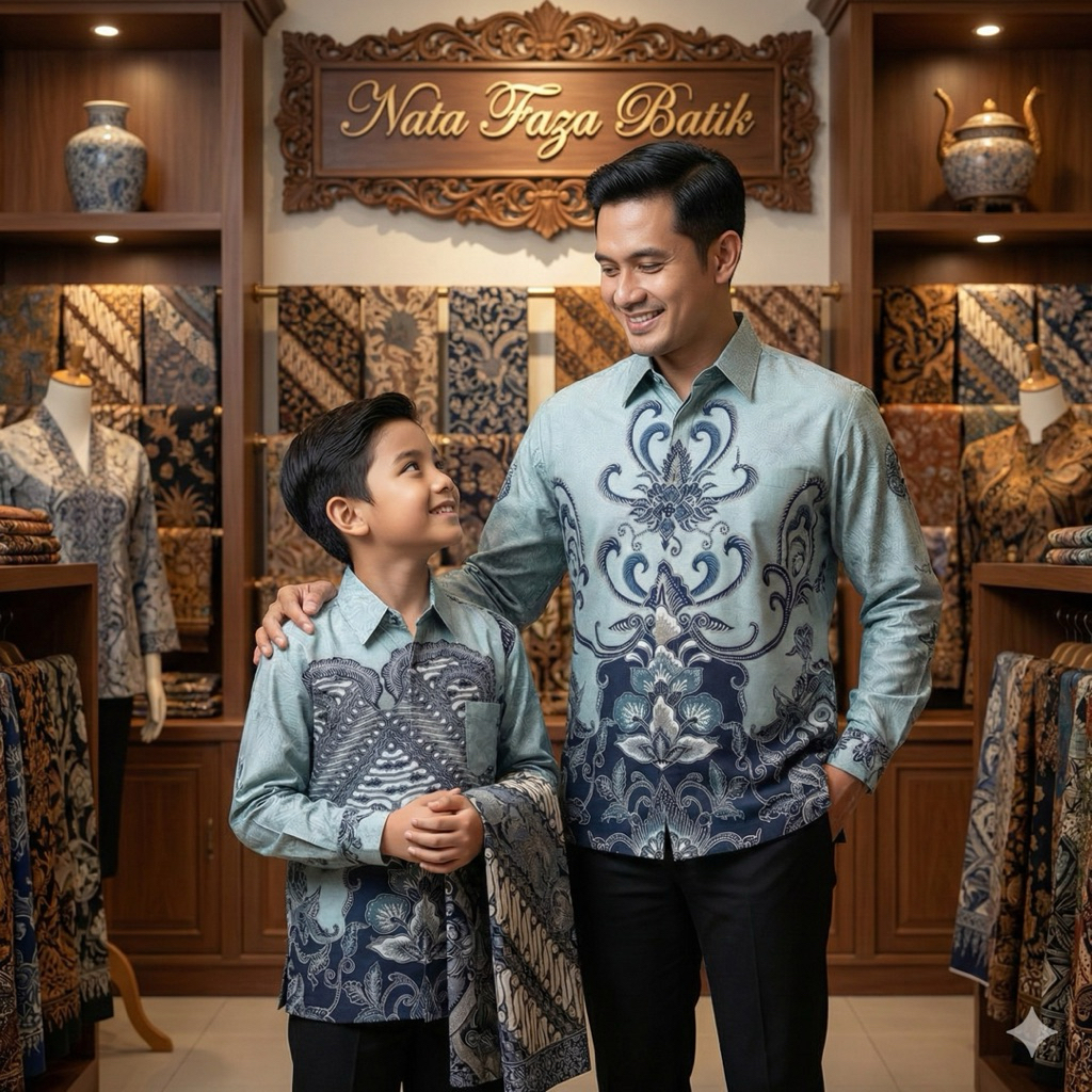 ATTRACTION Tosca Muda Navy Baju Couple Batik Ayah Anak Katun Premium Lengan Panjang Pakai Furing Mot