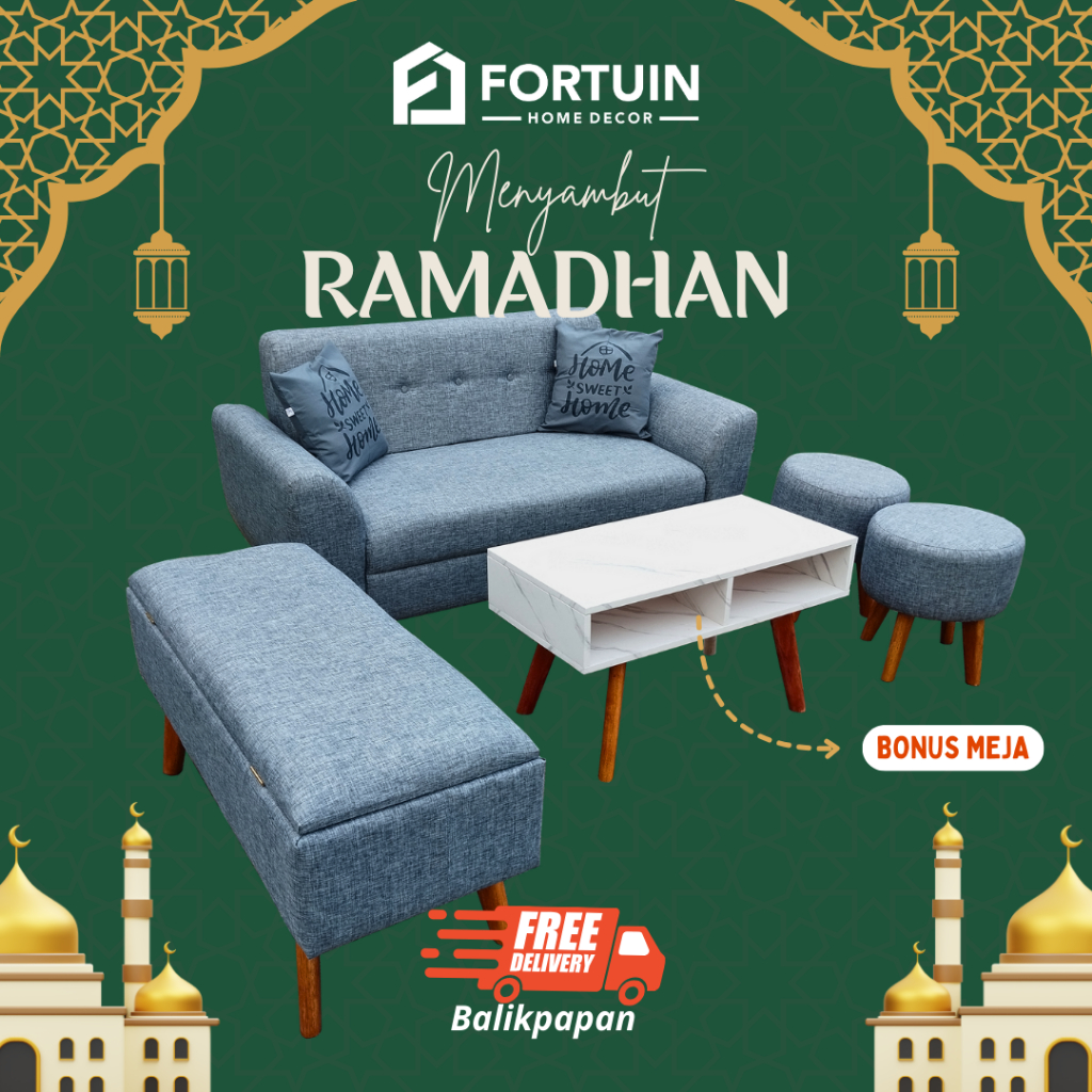 Sofa Minimalis 2 seater Deluxe meja tamu bench storage dan stool