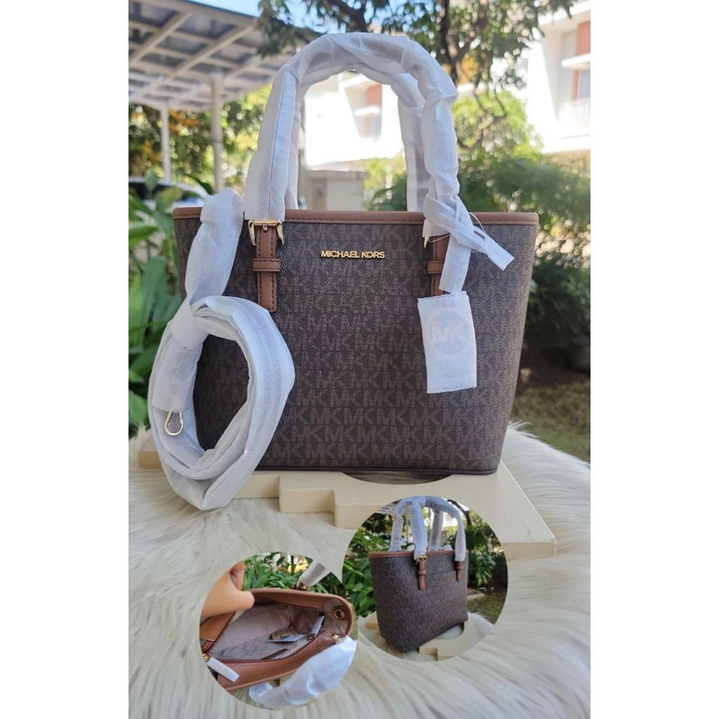 New MK mini tote jetset carry all brown n black