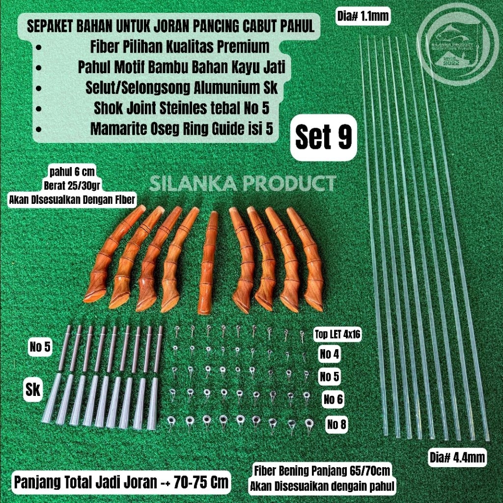 Sepaket Bahan Joran Pancing Cabut Pahul, motif Bambu kayu jati U/Jerpon 70-75cm Fiber Bening